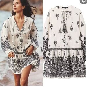 ZARA Cotton Printed Bohemian Rustic Swimwear Coverup Mini Dress
Cream Black L